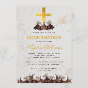 Invitation Croix dorée de confirmation fille Burgundy Peony M