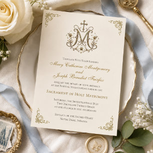 Invitation Croix dorée de Marie Monogramme Mariage Nuptial