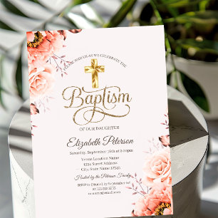 Invitation Croix dorée élégante avec roses et confettis sur f