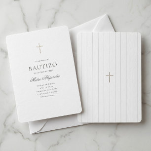 Invitation Croix dorée élégante Baptême d'un garçon espagnol