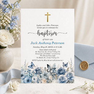 Invitation Croix dorée élégante Baptême floral bleu