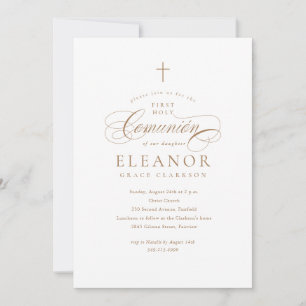 Invitation Croix dorée élégante Calligraphie Première Communi
