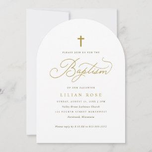 Invitation Croix dorée élégante Calligraphie script Baptême
