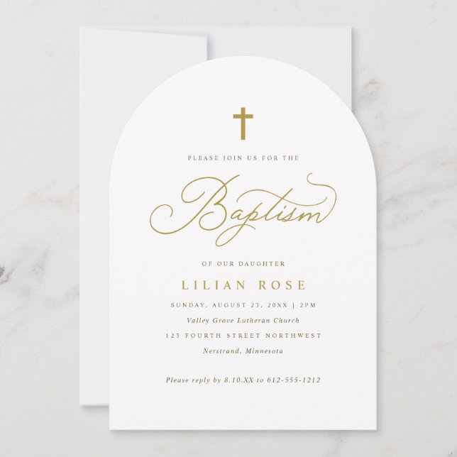 Invitation Croix dorée élégante Calligraphie script Baptême (Devant)