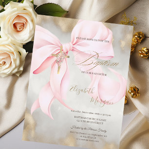 Invitation Croix dorée Fleurs roses Ruban Baptême Paillettes 