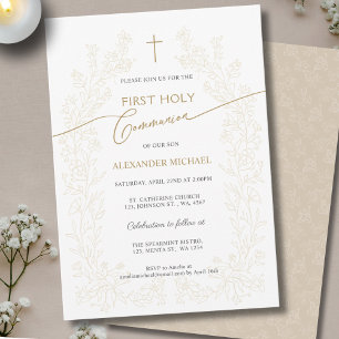 Invitation Croix dorée florale Première Sainte Communion Reli