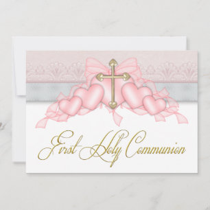 Invitation Croix dorée rose gris Filles Rose Première communi