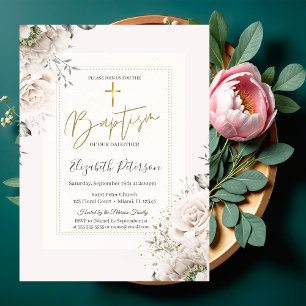 Invitation Croix dorée Roses Blush Baptême
