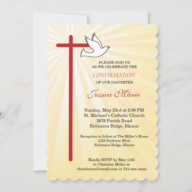Invitation Croix Dove Scallop Gold Rays Fille Confirmation (Devant)