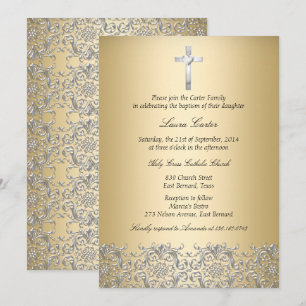 Invitation Croix élégante en damas or doré pour baptême
