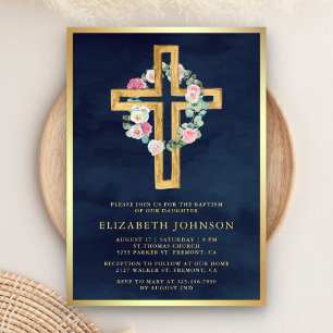 Invitation Croix en bois de Eucalyptus floral Navy Or Baptême