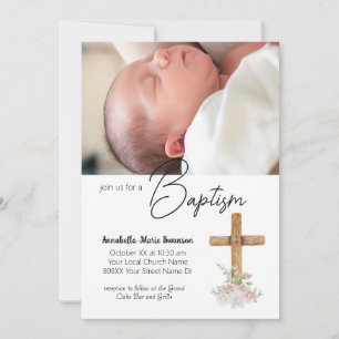 Invitation Croix en bois et photo personnalisée pour le baptê
