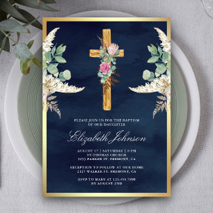 Invitation Croix en bois rustique Pampas Eucalyptus Bleu mari