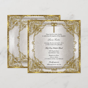 Invitation Croix en damas perle beige or Baptême