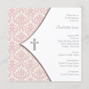 Invitation Croix en damas rose pour baptême de filles