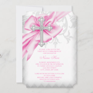 Invitation Croix en Damas Rose Première Communion