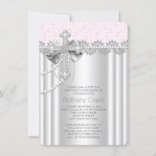 Invitation Croix en dentelle rose pour la première communion
