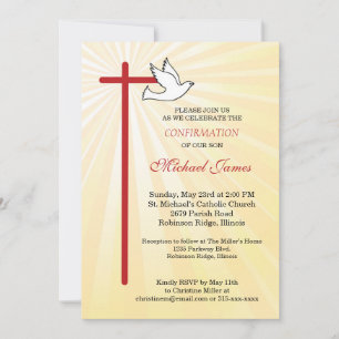 Invitation Croix et Colombe Rayons Dorés Fils Confirmation