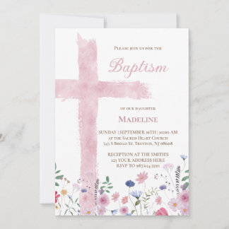 Invitation Croix et fleurs de l'aquarelle rose du baptême