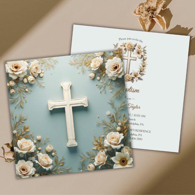 Invitation Croix et Roses blanches Baptême catholique Christe (Cross and White Roses Catholic Baptism Christening Invitation)