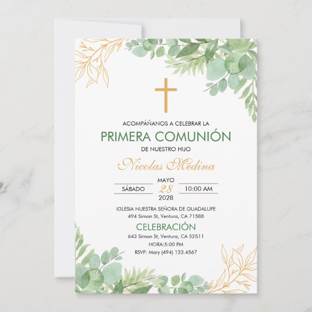 Invitation Croix Feuille verte de la première communion Prime (Devant)