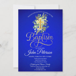 Invitation Croix Florale Baptême Royal Bleu