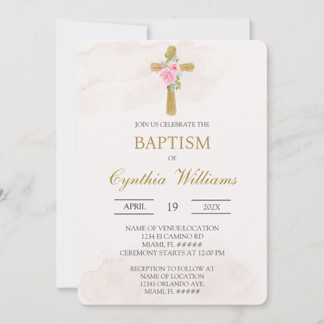 Invitation Croix florale beige baptême (Devant)