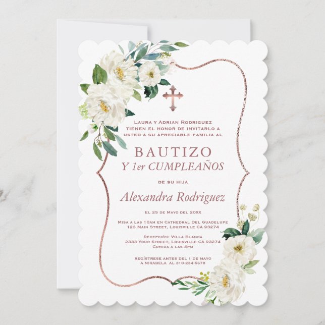 Invitation Croix florale blanche Espagne 1er anniversaire Bap (Devant)