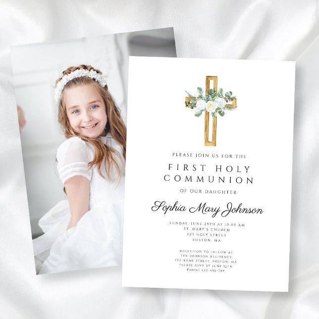 Invitation Croix florale blanche photo de la première communi (White Floral Cross Girl First Communion Photo Invitation)