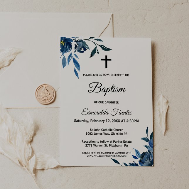 Invitation Croix florale bleu moderne Baptême (Créateur téléchargé)