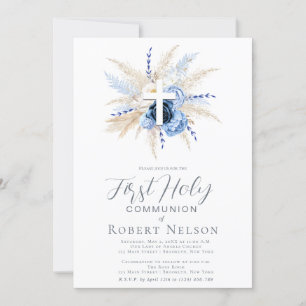 Invitation Croix florale bleue Première communion