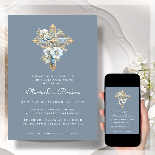 Invitation Croix florale bleue | Première sainte communion (Créateur téléchargé)