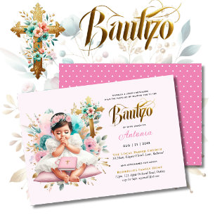 Invitation Croix florale d'or rose BAUTIZO