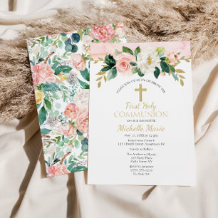 Invitation Croix Florale d'or rose Première Sainte Communion 