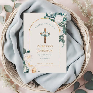 Invitation Croix florale d'or vert Baptême chrétien
