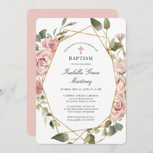 Invitation Croix florale rose Dusty Baptême