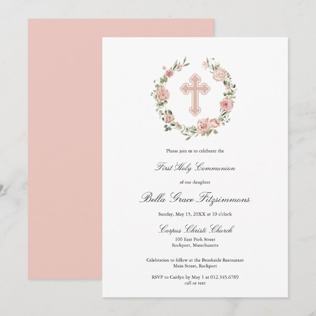 Invitation Croix florale rose Dusty Première communion (Devant / Derrière)