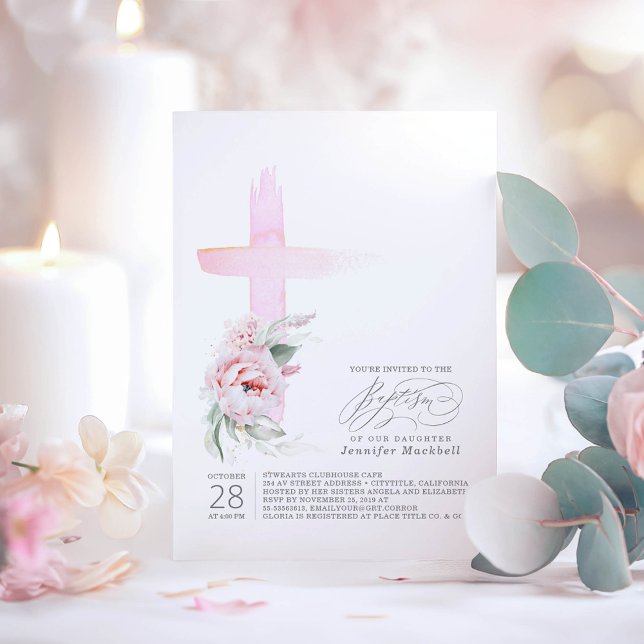 Invitation Croix florale rose Élégant Baptême de fille modern (Soft Pink Floral Baptism Invitations For Girl's - Daughter's Baptism)