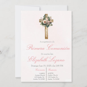 Invitation Croix florale rose première communion espagnole