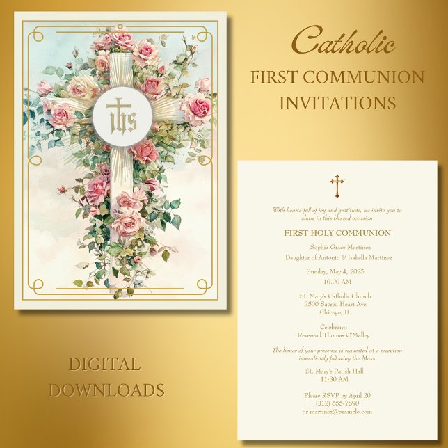 Invitation Croix florale rose rose de la première communion (Créateur téléchargé)