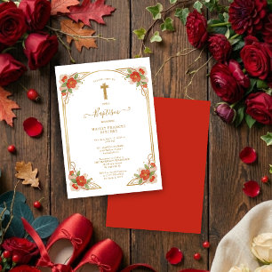 Invitation Croix florale rouge vintage baptême chrétien
