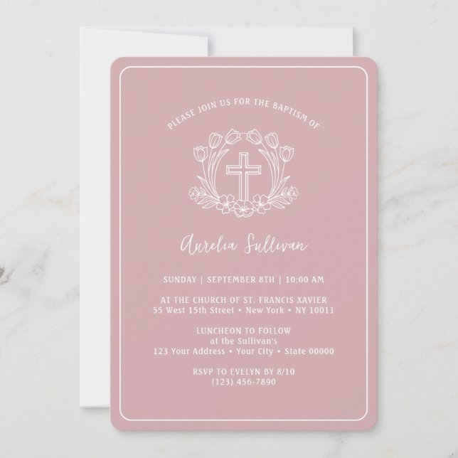Invitation Croix florale simple sur le baptême rose (Devant)