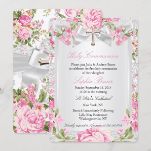 Invitation Croix florale vintage Première communion Rose 3