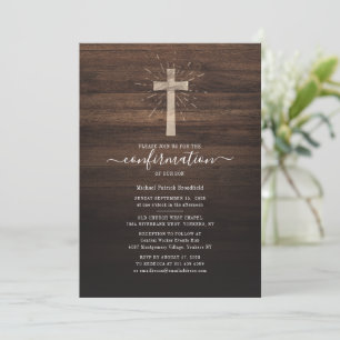 Invitation Croix moderne Bois rustique Confirmation religieus