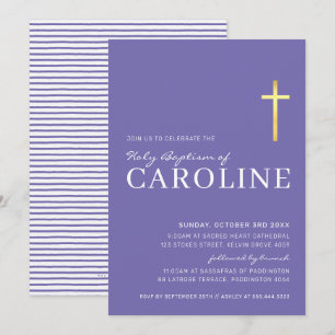 Invitation CROIX MODERNE or saint baptême simple violet blanc