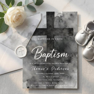 Invitation Croix noire gothique aquarelle Saint Baptême Chris
