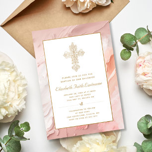 Invitation Croix Ornate Or Pêcher rose Fille Baptême
