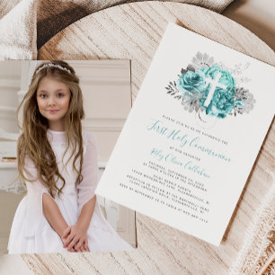 Invitation Croix Photo Aqua Argent Floral Première Communion