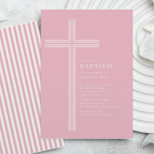 Invitation Croix rayée rose pour baptême