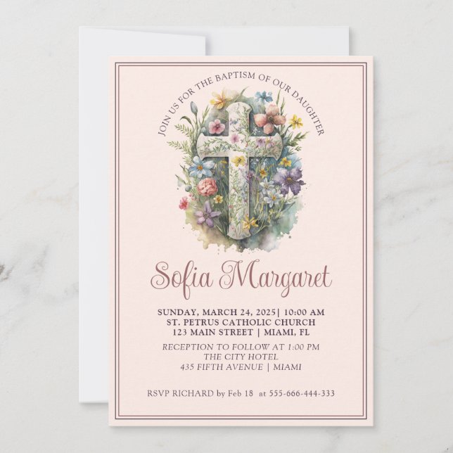 Invitation Croix religieuse Aquarelle Florale Fille Baptême (Devant)